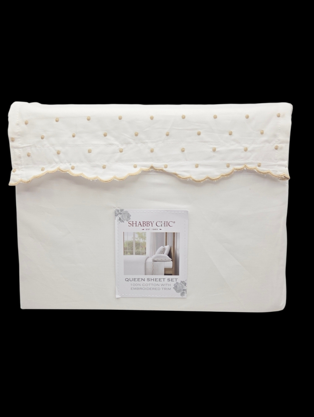 Shabby Chic 4pc White Cotton Queen Sheet Set Embroidered Scalloped Tan Polka Dot